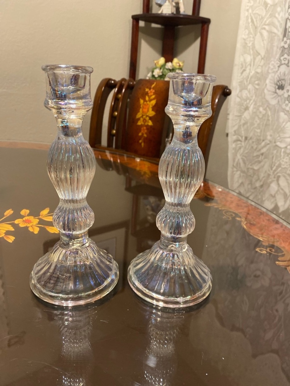 Iridescent Glass Ribbed Candlestick Pair -